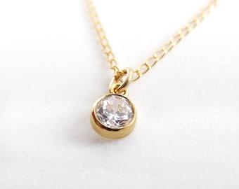 Diamond Solitaire Necklace, Gold CZ Necklace, CZ Diamond Necklace, Minimalist necklace, bridesmaid gift, Simple Delicate Necklace