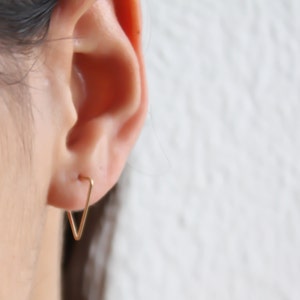 May include: A pair of gold triangle shaped earrings. The earrings are small and delicate, and they are worn in the wearer's earlobes.