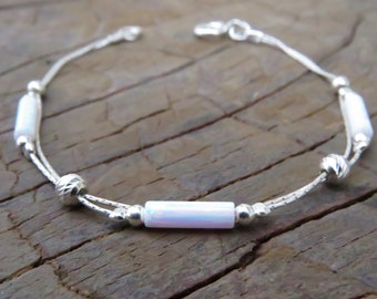 White Opal bracelet, opal bracelet, opal silver bracelet, opal jewelry, tiny opal bracelet, beaded bracelet, minimal bracelet synthetic opal