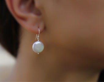 Freshwater Pearl Earrings, Coin Pearl Earrings, Sterling silver, Bridesmaid Earrings, pearl coin earrings, June Birthstone, dangle pearl