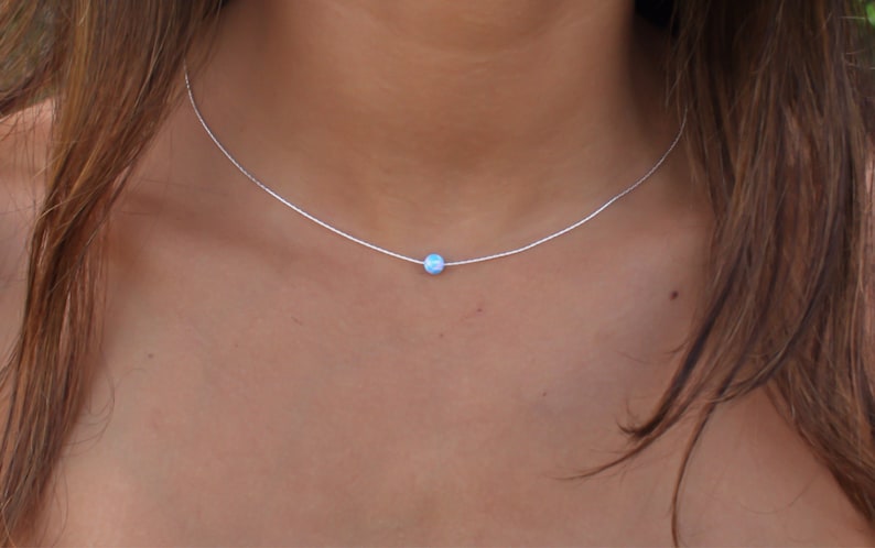 Opal necklace, opal ball necklace, opal silver necklace, tiny dot necklace opal bead necklace dot necklace blue opal necklace synthetic opal image 3