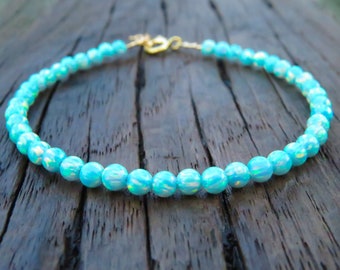 Aqua Green Opal bracelet, Light Green 4mm opal beaded bracelet, opal bracelet, opal jewelry, blue opal October birthstone synthetic opal