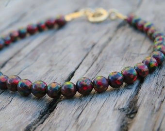 Black Opal bracelet, pearl Black 4mm opal beaded bracelet, Black opal bracelet, opal jewelry, opal bracelet, Black bracelet, synthetic opal