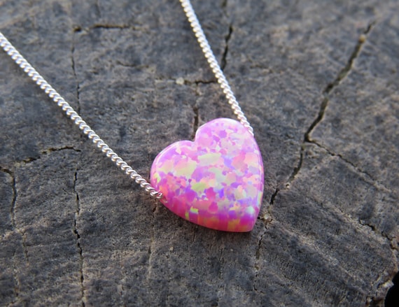 Pink Opal Necklace Heart Necklace Silver Necklace Opal Heart