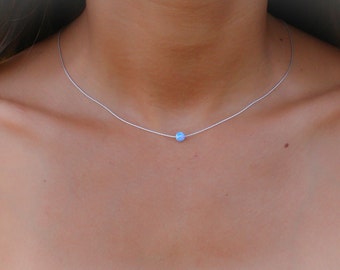 Opaal ketting, opaal bol ketting, opaal zilveren ketting, kleine stip ketting opaal kralen ketting stip ketting blauwe opaal ketting synthetisch opaal