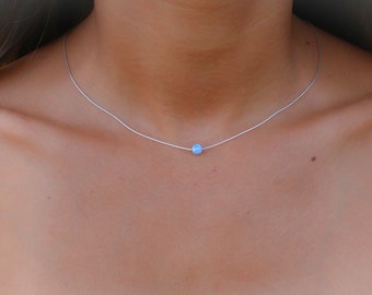 Opal necklace, opal ball necklace, opal silver necklace, tiny dot necklace opal bead necklace dot necklace blue opal necklace synthetic opal