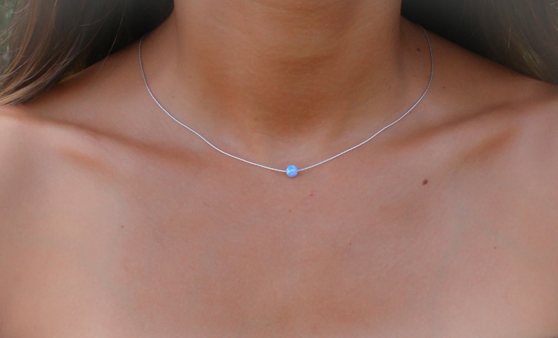 Opal necklace, opal ball necklace, opal silver necklace, tiny dot necklace opal bead necklace dot necklace blue opal necklace synthetic opal image 1