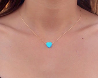 Collar de ópalo, collar de corazón, collar de oro, collar de corazón de ópalo, collar de ópalo azul, regalo de piedra de nacimiento de octubre para ella, joyería de ópalo sintético