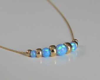 Opal jewelry, Opal necklace, Blue opal necklace, opal gold necklace, gold filled tiny dot necklace, opal bead necklace, October birthstone