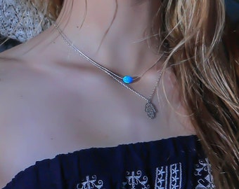 Opal necklace, opal ball necklace, opal silver necklace, opal jewelry, tiny dot necklace, opal bead necklace  synthetic blue opal necklace