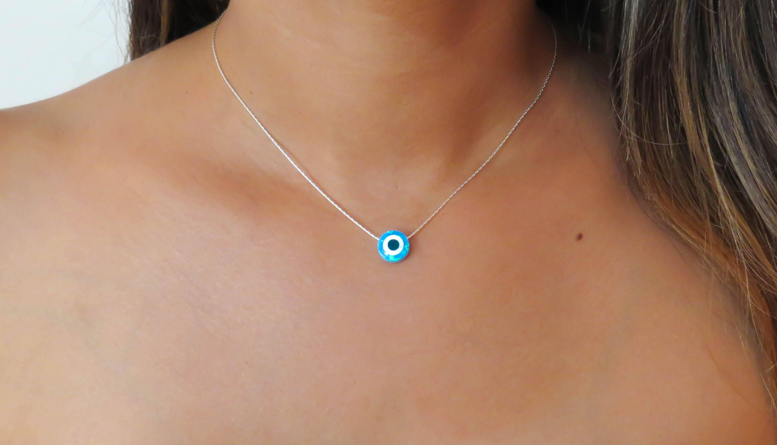 Blue Opal Necklace Opal Evil Eye 