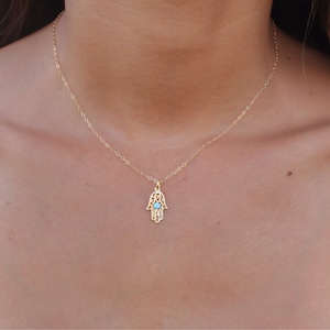 Opal hamsa necklace, gold Hamsa necklace, gold hand necklace, Delicate gold necklace, gold hand blue opal necklace, synthetic opal