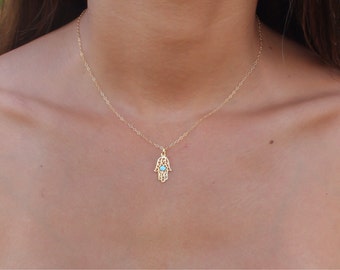 Opal hamsa necklace, gold Hamsa necklace, gold hand necklace, Delicate gold necklace, gold hand blue opal necklace, synthetic opal