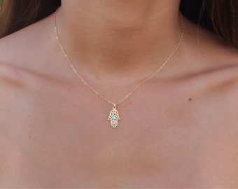 Opal hamsa necklace, gold Hamsa necklace, gold hand necklace, Delicate gold necklace, gold hand blue opal necklace, opal jewelry
