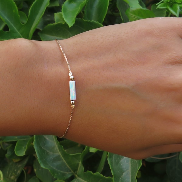 Pulsera de ópalo blanco, pulsera de cuentas de ópalo, pulsera de ópalo en oro rosa, joyería de ópalo, pulsera pequeña de ópalo, pulsera de cuentas, ópalo sintético