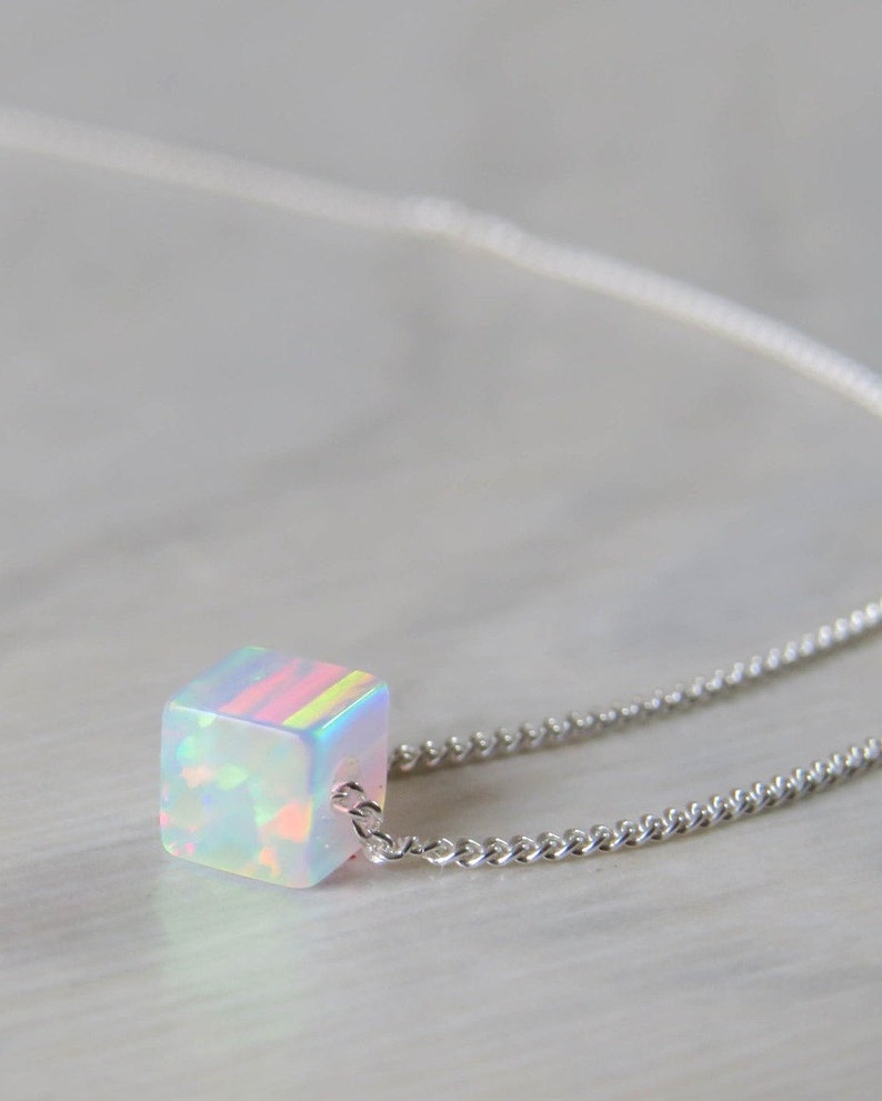 Opal necklace, white opal necklace, opal jewelry, opal silver necklace, tiny opal silver necklace, opal bead necklace synthetic opal jewelry image 3