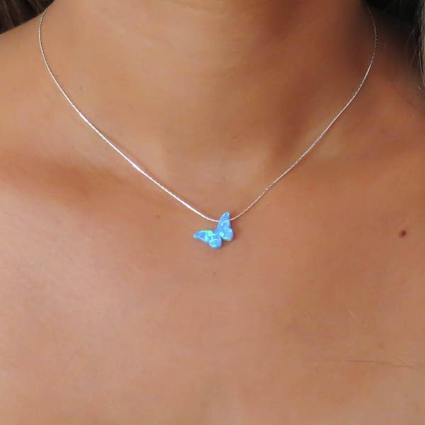 Butterfly necklace, Opal butterfly necklace, Blue Opal Necklace, Butterfly jewelry, Delicate jewelry, October birthstone, synthetic opal