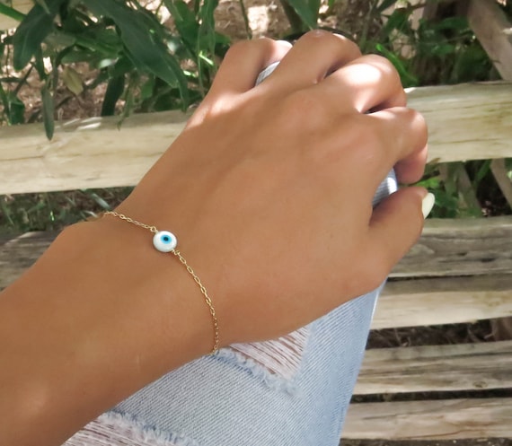 Gold Bracelet, Gold Evil Eye Bracelet, Lucky Bracelet, Pearl Gold
