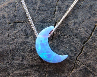 Opal necklace, opal moon necklace, Blue opal necklace, opal silver necklace, opal jewelry, crescent moon  necklace, opal jewelry, white opal