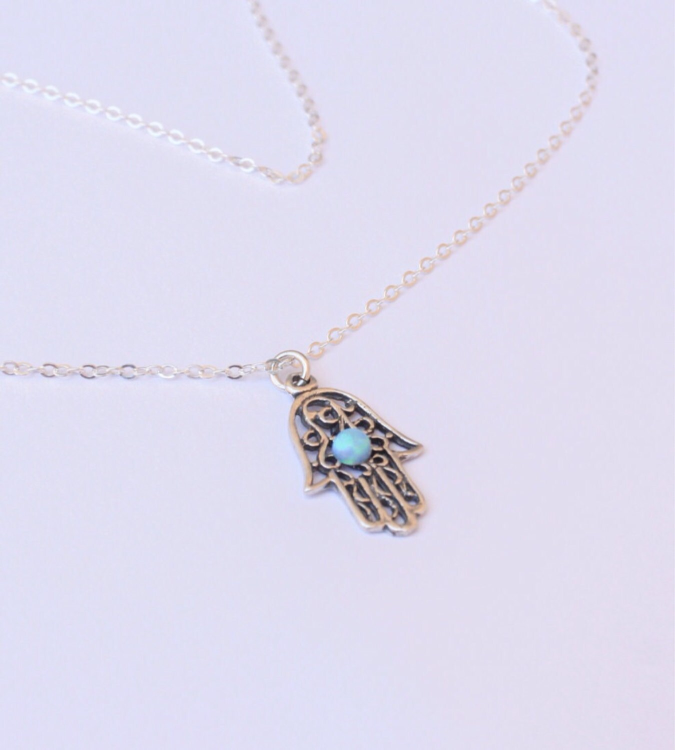 Opal hamsa necklace, gold Hamsa necklace, gold hand necklace, Delicate gold necklace, gold hand blue opal necklace, synthetic opal