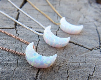 Opal necklace, opal moon necklace, white opal necklace, opal gold necklace, opal jewelry, crescent moon  necklace, synthetic opal jewelry