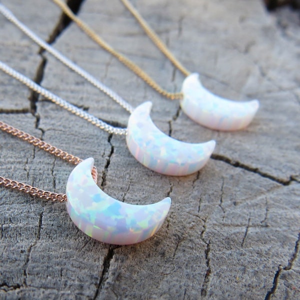 Opal necklace, opal moon necklace, white opal necklace, opal gold necklace, opal jewelry, crescent moon  necklace, synthetic opal jewelry