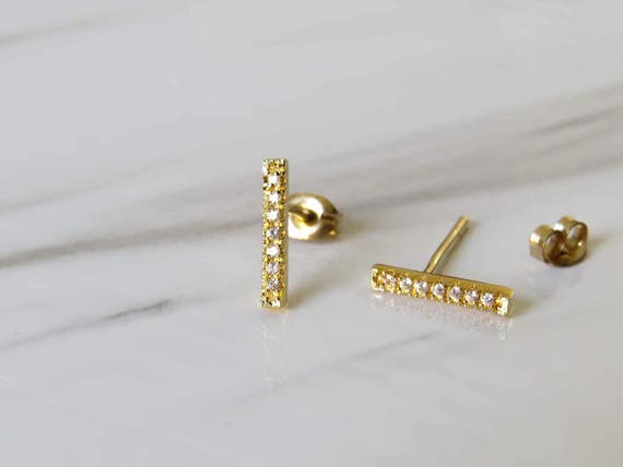 Gold Bar Earrings, tiny gold bar studs, gold cz line earrings, gold line studs, gold minimal earrings, gold cz earrings, zirconia bar studs