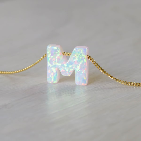 Opal necklace, opal letter necklace, opal gold necklace, opal jewelry, tiny dot necklace, opal bead necklace, white opal Synthetic opal