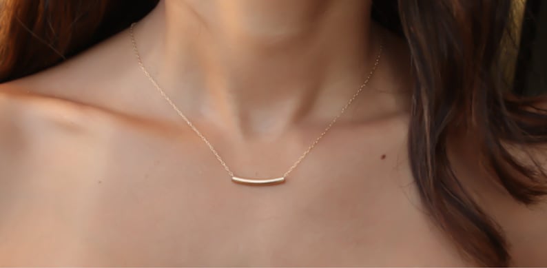 Gold Necklace gold curved bar necklace delicate gold tube necklace bar necklace, Geometric, Modern, Minimal, Simple Necklace image 1