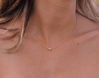 Gold necklace, tiny one gold ball necklace, gold bead necklace, gold jewelry, tiny dot necklace, minimalist gold necklace, bridesmaid gift