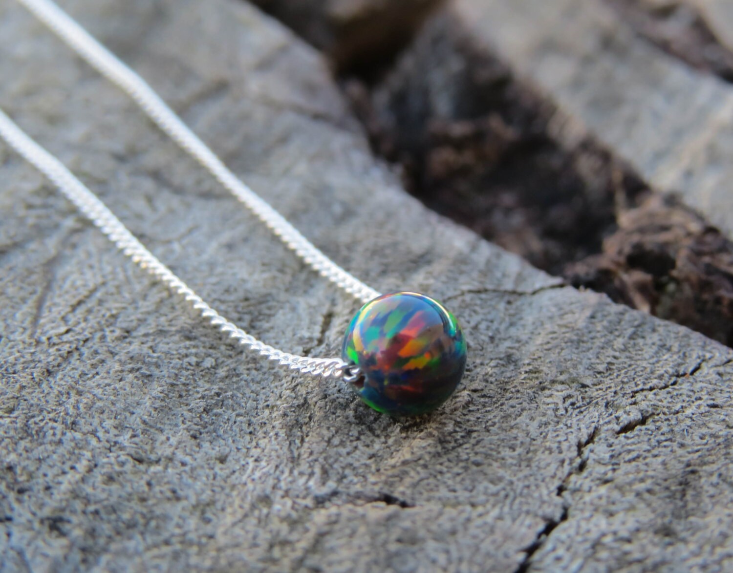 Black Opal Necklace Opal Ball Necklace Opal Silver Necklace Etsy