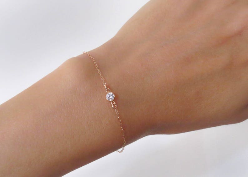 Rose Gold Solitaire Bracelet, Rose Gold Bracelet, CZ Diamond Bracelet, cubic zirconia Bracelet, bridesmaid gift, Simple Delicate Bracelet image 1