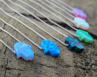 Opal Necklace Opal Hamsa Necklace Opal Hand Necklace, Silver Necklace, Hamsa Necklace Evil Eye Necklace Silver Hamsa Necklace Synthetic opal