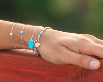 Blue Opal bracelet, opal bead brecelet, opal gold bracelet, opal jewelry, gold beaded bracelet, heart bracelet, minimal bracelet