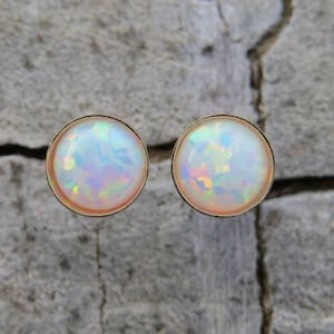 Classic Opal Studs, 14k Gold Filled Studs, white Opal stud earrings, Gold earrings, Statement earrings, October Birthstone synthetic opal