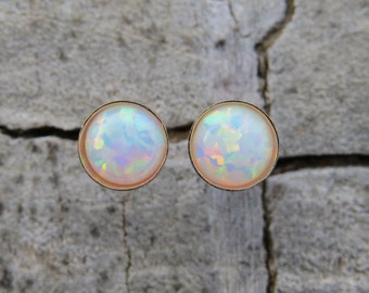 Classic Opal Studs, 14k Gold Filled Studs, white Opal stud earrings, Gold earrings, Statement earrings, October Birthstone synthetic opal