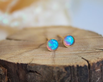 Opal Studs, classic 14k Gold Filled Studs, Blue Opal stud earrings, Gold Opal Posts, minimal earrings, October Birthstone synthetic opal