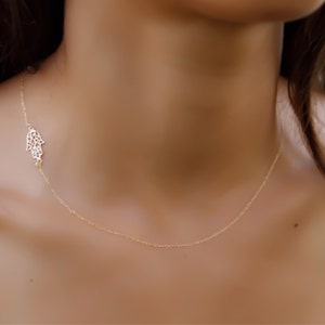 Gold necklace, gold hamsa necklace, gold filled sideways Hamsa necklace, gold hand necklace, evil eye necklace, everyday necklace