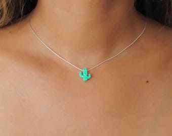 Opal necklace, opal Cactus necklace, green opal necklace, opal silver necklace Cactus necklace, october birthstone synthetic opal jewelry