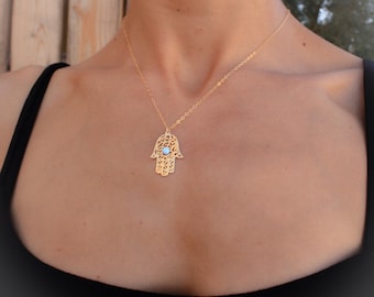 Opaal hamsa ketting, gouden hamsa ketting, gouden handketting, delicate gouden ketting, gouden hand blauwe opaal ketting, synthetische opaal sieraden