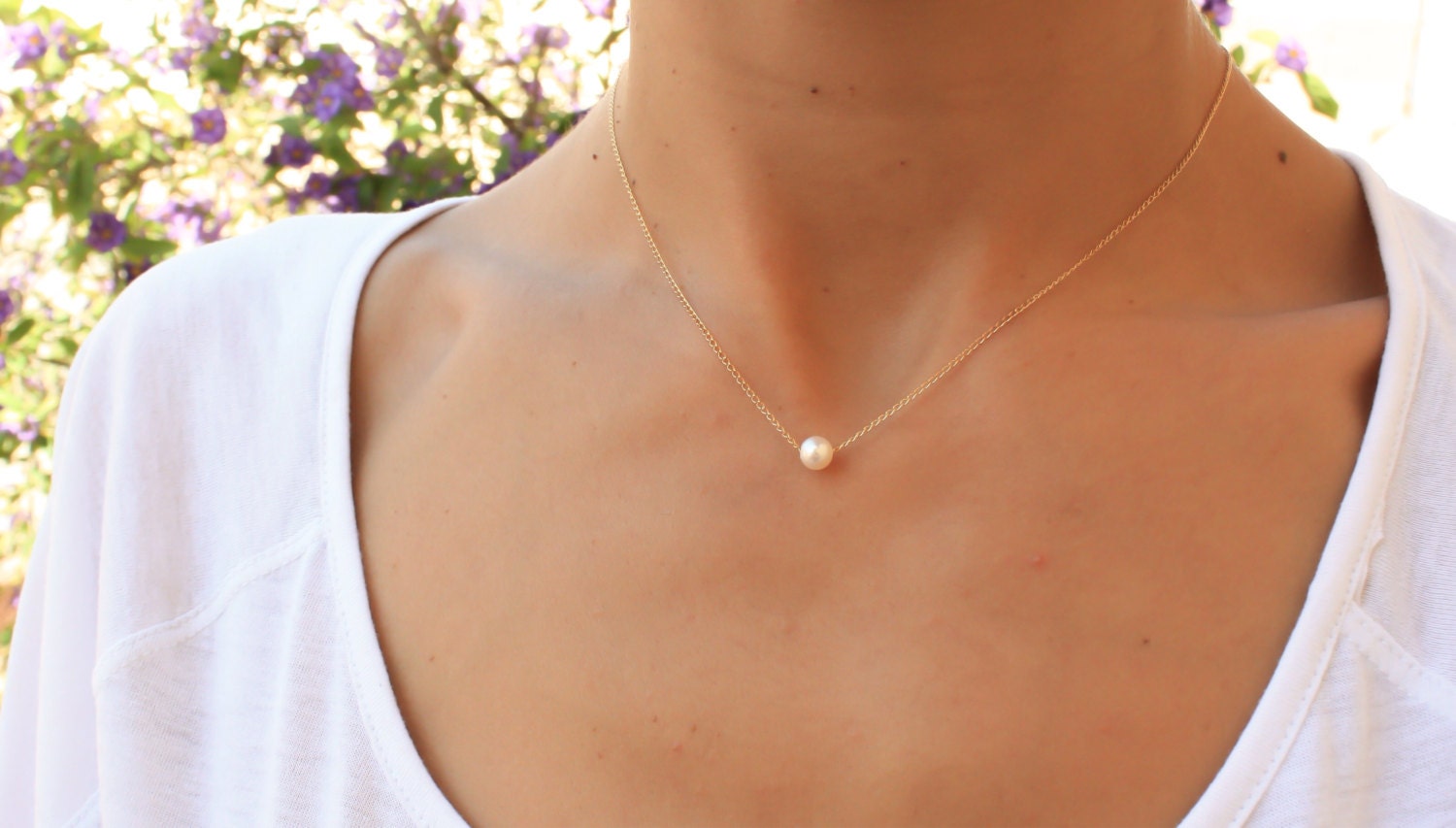Single Pearl Necklace, White Pearl Necklace, Floating Pearl Gold