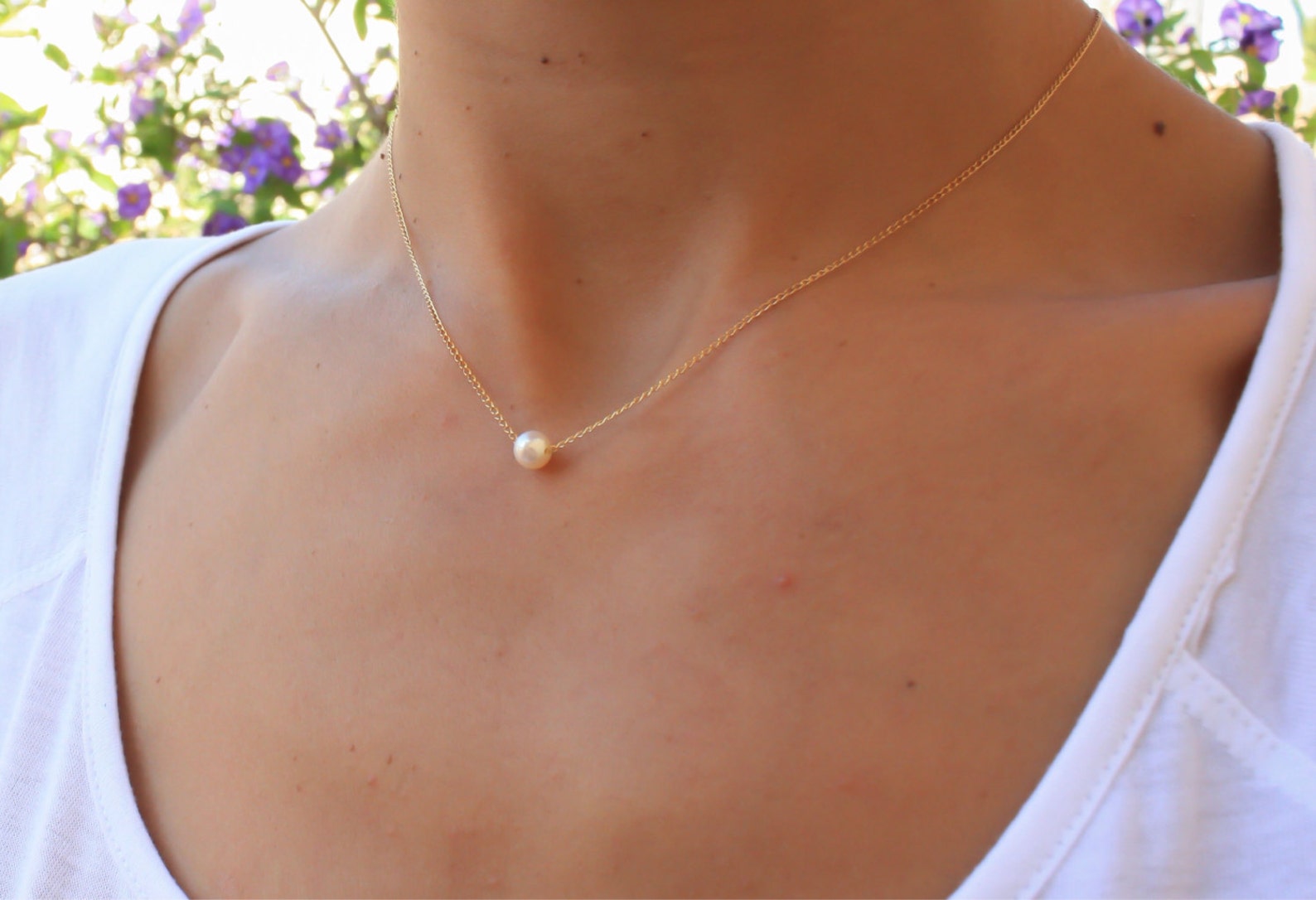 White Floating Pearl Necklace, Single