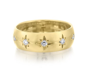 Fede nuziale con diamanti, Fedi nuziali da donna, Fede nuziale in oro 14K, Fede nuziale in oro 18K, Fede nuziale bombata, Anello con più diamanti, Fede nuziale con stelle