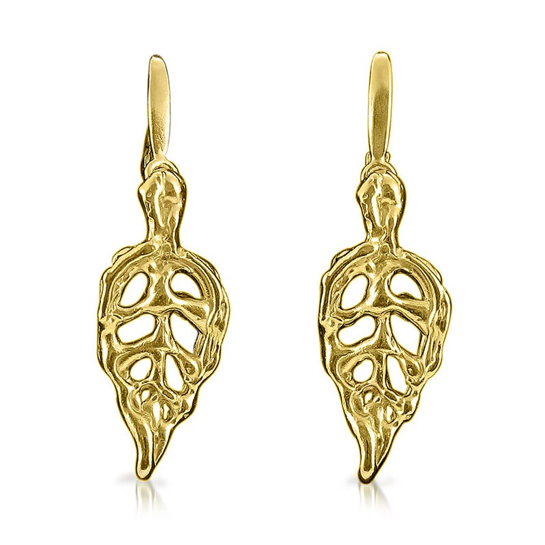 Solid gold earrings, Drop gold earrings, Bridal gold earrings, Unique wedding earrings, Boho gold earrings, Gold leaves earrings, Dangle image 2