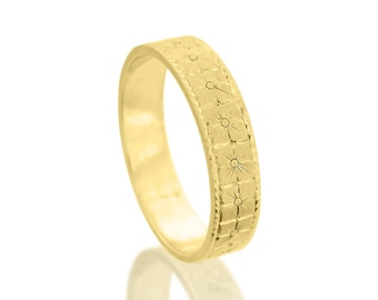 Engraved wedding band, Antique wedding band, Flowers wedding ring, Vintage wedding ring, Wedding band women, Wedding ring men, Solid 14k 18k