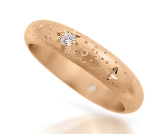 Anello in oro rosa con diamanti, fede nuziale con diamanti, fede nuziale da donna, anello di fidanzamento moderno, anello con diamanti a stelle, fede nuziale unica, 14k, 18k