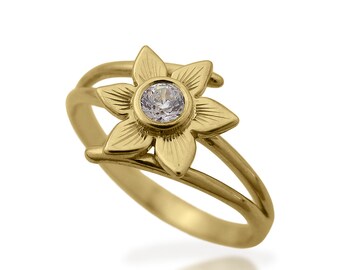 Flower diamond ring, Solitaire diamond ring, Unique engagement ring, Diamond ring for women, Daffodil gold ring, 14k, 18k, Solid gold ring