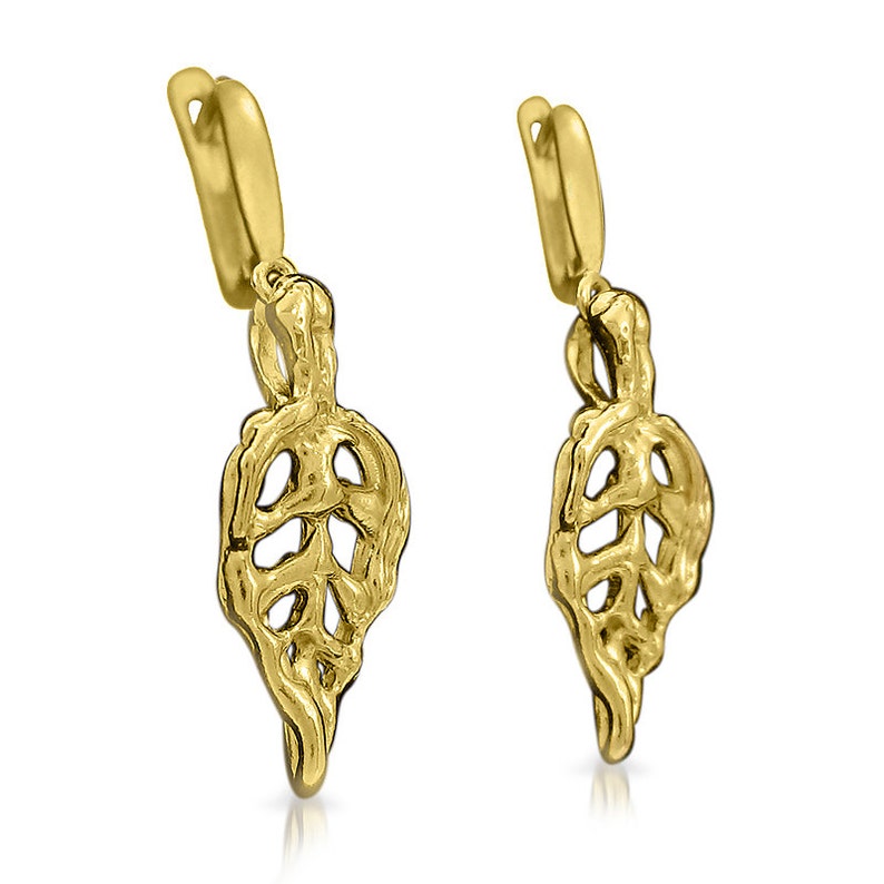 Solid gold earrings, Drop gold earrings, Bridal gold earrings, Unique wedding earrings, Boho gold earrings, Gold leaves earrings, Dangle image 4