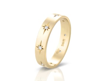 Fede nuziale con diamanti, fede nuziale celeste, fedi nuziali da donna, fede nuziale incisa a mano, fede nuziale a stella, anello multidiamante 14k 18k