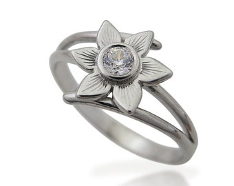 Engagement ring, Alternative engagement ring, Solitaire diamond ring, White gold diamond ring, Flower diamond ring, Boho engagement ring